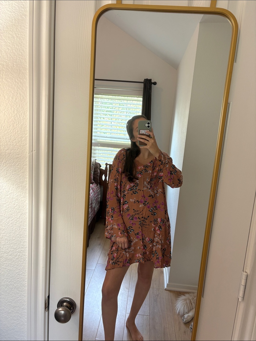 Umgee Brown Floral Tiered Long-Sleeve Mini Dress